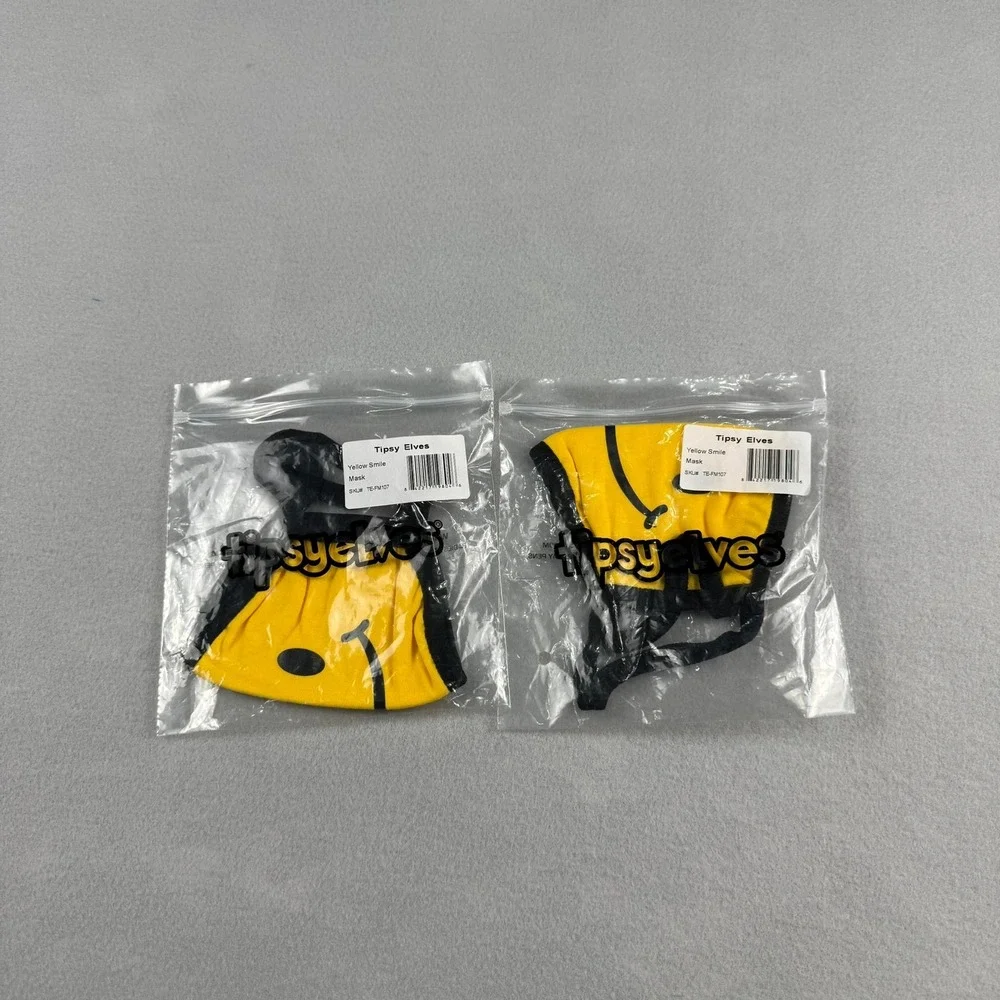 Tipsy Elves‎ Unisex OS Face Mask 2 Pack Yellow Smile Graphic Retro Rave Costume